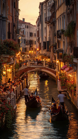 Peaceful canal in Venice with boats and colorful reflections during sunset. Generative AI.の素材