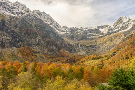 A stunning landscape of the Pineta Valley, showcasing colorful autumn foliage against a backdrop of...