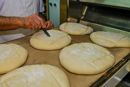 Baker kneading artisan bread in the bakery