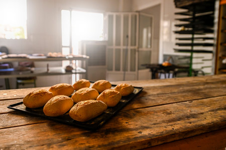 Crispy baked bread, on wooden board