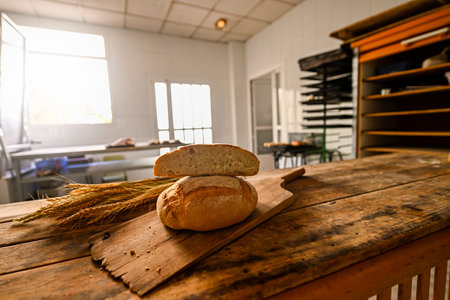 Crispy baked bread, on wooden board