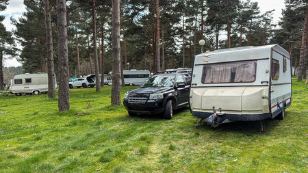 Caravans and cars parked in a green forested camping site with pine trees and grassy ground.の写真素材