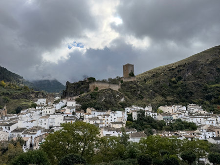 Medieval fortress atop a rocky hill with village and mountain backdrop in Andalusiaの写真素材