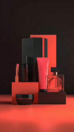 Contemporary display of luxury beauty products in red and black tones. Generative AI.の素材