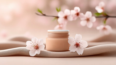 Luxurious beauty cream jars in pastel tones with soft petals and draped fabric. Generative AI.の素材