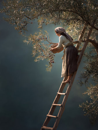 Woman on ladder harvesting olives with basket in lush Mediterranean olive groveの素材