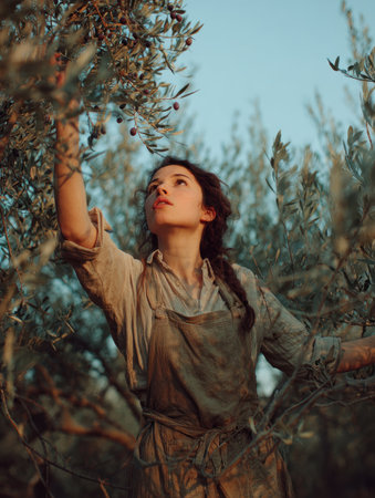 Joyful woman in rustic clothing holding freshly picked olives in an olive tree fieldの素材
