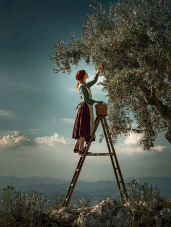 Peaceful olive harvest with barefoot woman on wooden ladder in countrysideの素材