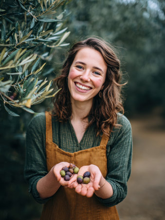 Joyful woman in rustic clothing holding freshly picked olives in an olive tree fieldの素材