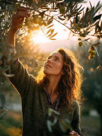 Joyful woman in rustic clothing holding freshly picked olives in an olive tree fieldの素材