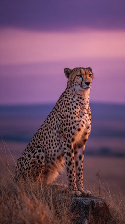 Majestic cheetah watching the horizon from a rock at sunset in the savannahの素材