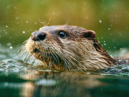 Wet otter swims near the surface with water droplets in mid-airの素材