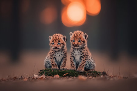 Cheetah cubs with spotted fur and bright eyes sitting on mossy groundの素材