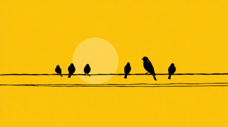 Black bird silhouettes perched on wires in front of a yellow sunの素材