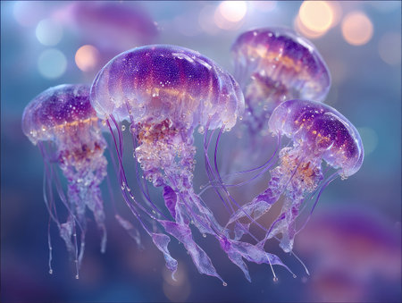 Beautiful bioluminescent jellyfish swimming in dreamy blue and purple ocean sceneの素材