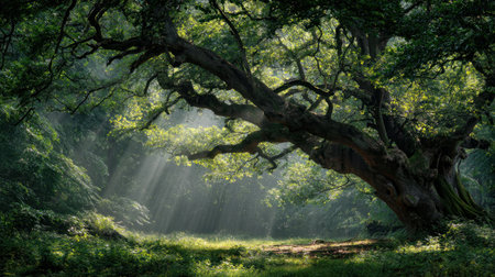 Giant twisted tree bathed in gentle light amid lush green forest surroundingsの素材