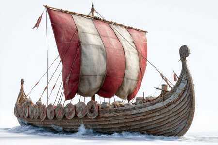 Ancient Viking ship with carved prow and round shields sailing through calm seaの素材