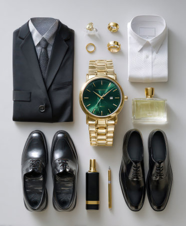 Flat lay of classic men's formalwear and luxury accessories on neutral backgroundの素材