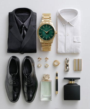 Flat lay of classic men's formalwear and luxury accessories on neutral backgroundの素材