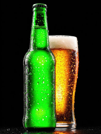Chilled green bottle and glass of golden beer with foam and water dropletsの素材