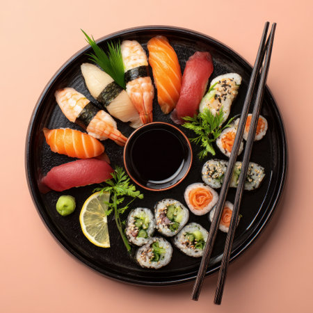 Colorful sushi variety including nigiri and maki rolls with soy sauce and wasabiの素材