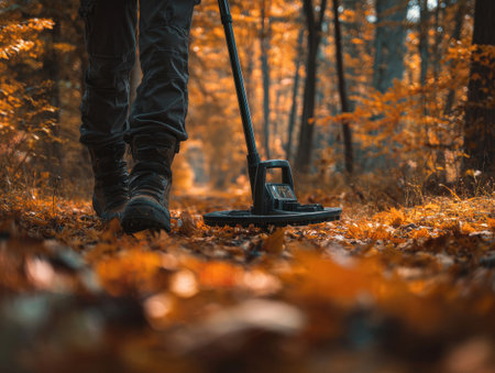 Metal detectorist walking through forest scanning the ground with soft lightingの素材
