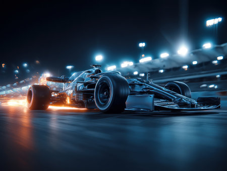 Racing car speeding under lights on night track with motion blur effectの素材