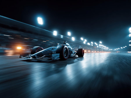 Racing car speeding under lights on night track with motion blur effectの素材