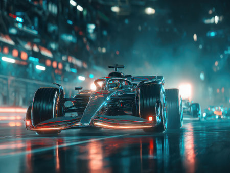 Racing car speeding under lights on night track with motion blur effectの素材