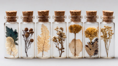 Glass jars with dried flowers and leaves arranged neatly in minimal styleの素材