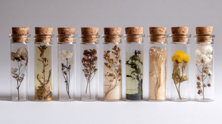 Glass jars with dried flowers and leaves arranged neatly in minimal styleの素材