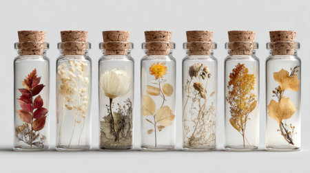 Glass jars with dried flowers and leaves arranged neatly in minimal styleの素材