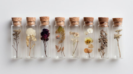 Glass jars with dried flowers and leaves arranged neatly in minimal styleの素材