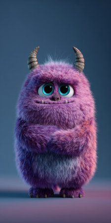 Happy cartoon monster with purple fur, horns and big eyes on soft backgroundの素材