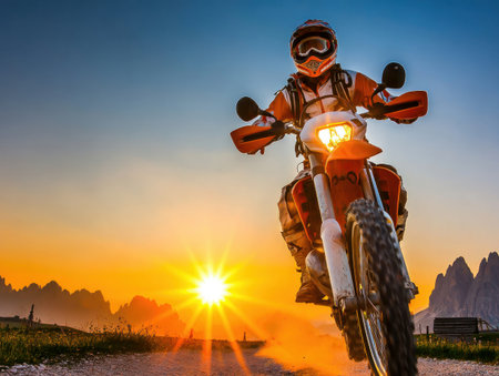 Motorcyclist riding off-road during sunset with scenic mountain landscapeの素材