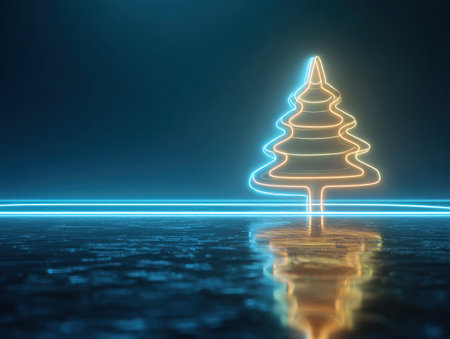 A stylized Christmas tree illuminated with spiral neon lights in blue and yellow, set against a sleek dark background with reflective floor and futuristic vibe.の素材
