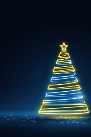 A stylized Christmas tree illuminated with spiral neon lights in blue and yellow, set against a sleek dark background with reflective floor and futuristic vibe.の素材