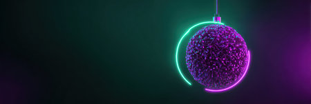 Spiky purple Christmas bauble with neon circle light on dark green backgroundの素材