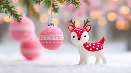Small toy reindeer with antlers next to a hanging pink ornament in a snowy, festive sceneの素材