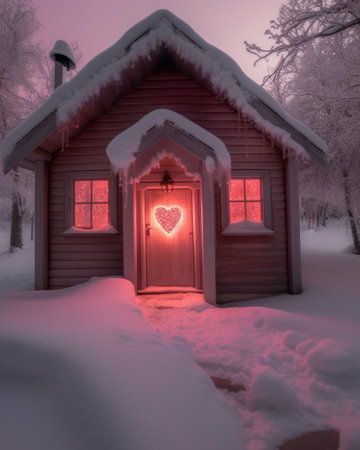 Small wooden house with glowing heart decor and soft snow in a quiet forest settingの素材