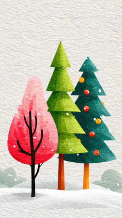 Artistic Christmas trees with bright colors and ornaments over textured snowの素材