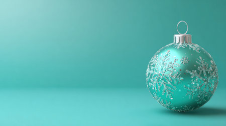 Turquoise glass Christmas ornament with glittering design, placed on a reflective surface against a soft bokeh backgroundの素材