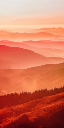 Colorful misty hills glowing in soft orange light during early morningの素材