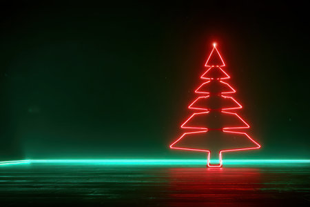 Stylized neon Christmas tree with red and blue light trails on black backdropの素材