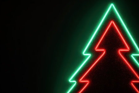 Stylized neon Christmas tree with red and blue light trails on black backdropの素材