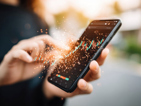 Hands interacting with glowing digital stock chart on smartphone screenの素材