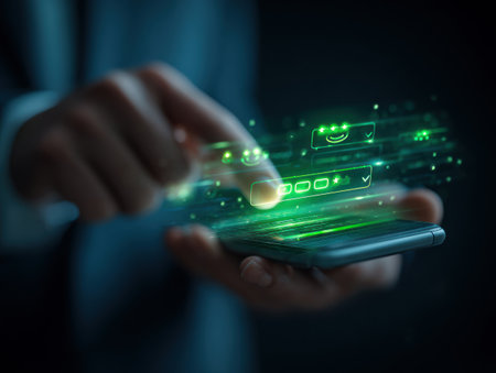 Hand using smartphone to select rating and feedback with glowing digital interface and emoticonsの素材