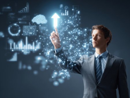 Hand touching virtual interface with digital charts, cloud icons, and growth arrowの素材