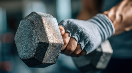 Detail of hand holding metal dumbbell with workout glove and visible effortの素材