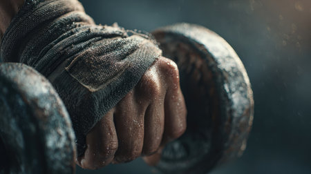 Detail of hand holding metal dumbbell with workout glove and visible effortの素材